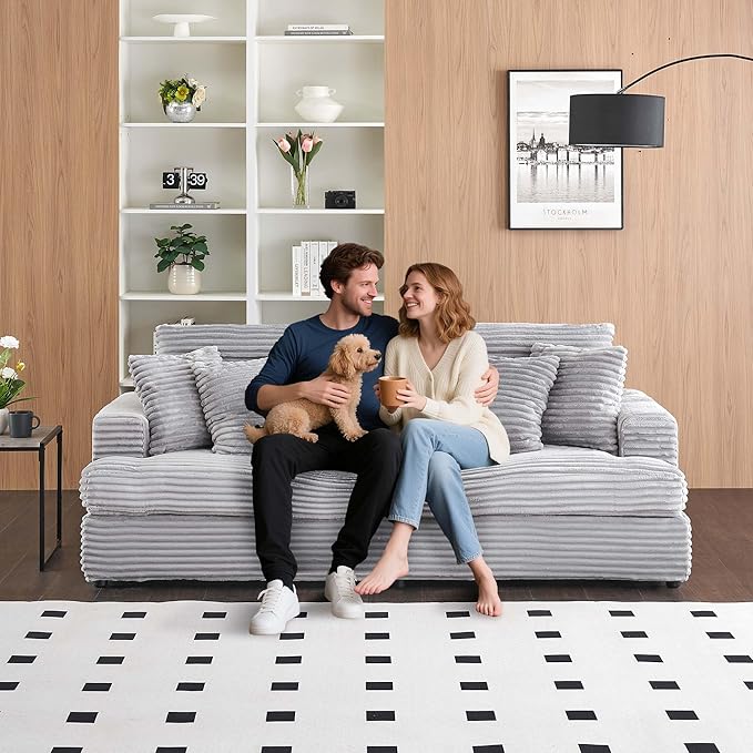 Modern Cloud Couch 3-Seater with 4 Matching Toss Pillows 88.58 Soft Corduroy Sofa with Deep Seat for Small Spaces Living Room Apartment(Grey)