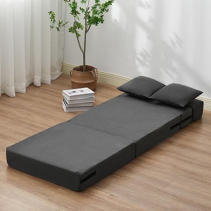 VEVOR Folding Sofa Bed 3-in-1 Foldable Couch Bed with 2 Pillows and Washable Cover 25D High Density Memory Foam Convertible Sleeper Chair Bed Futon Couch for Living Room Bedroom Dark Grey(Single)