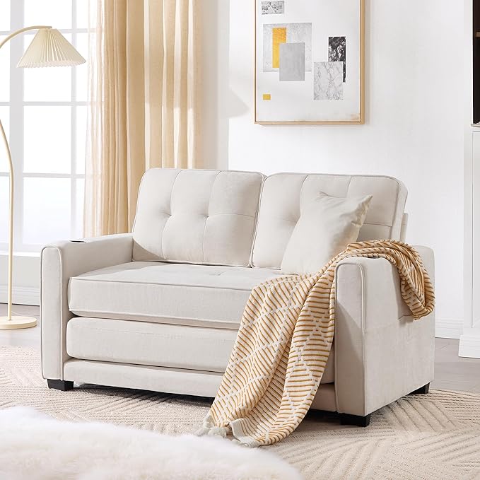 Convertible Sofa Bed Pull Out Loveseat Sleeper CouchLinen Fabric 2 in 1 Folding Couch Bed Fold Out Floor Futon Couches with Cup Holder for Living Room BedroomSmall Space Beige