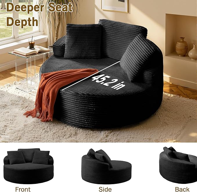 Oversized Round Chaise Lounge ChairCorduroy Cloud Large Circle Sofa Chair No Assembly Required Modern Sleeper Cloud Sofa Couch Bed for Living Room Bedroom Apartment (Black)