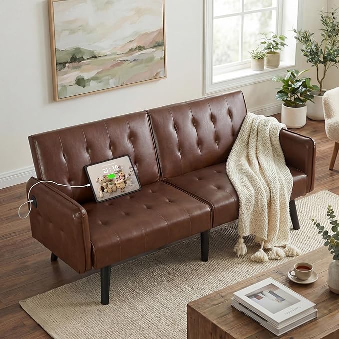 TYBOATLE 65“ Convertible Futon Sofa Bed w/ 2 USBTufted Small Adjustable Folding Couch Loveseat Modern Mid Century Faux Leather Sleeper Sofa for Living Room BedroomOffice Brown