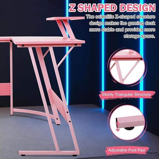 51 Inch L Shaped Gaming Desk Corner Computer Desk with Detachable Monitor Stand for Home Office Learning Gaming WorkstationPink