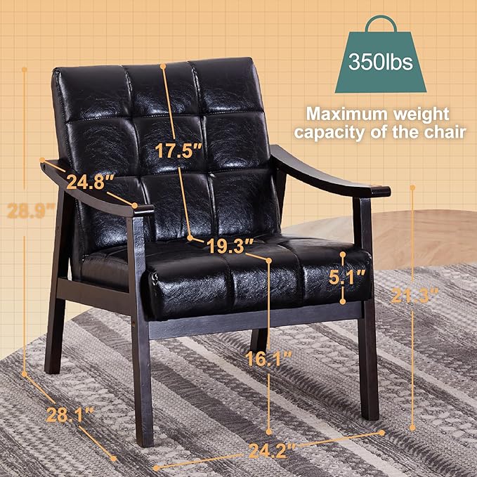 Medieval Modern Armchair High Back Antique Black Upholstered Chair with Solid Wood Legs Vintage-Inspired Reading Chair for Living Room Bedroom Study Lounge Furniture (Black + PU Leather)
