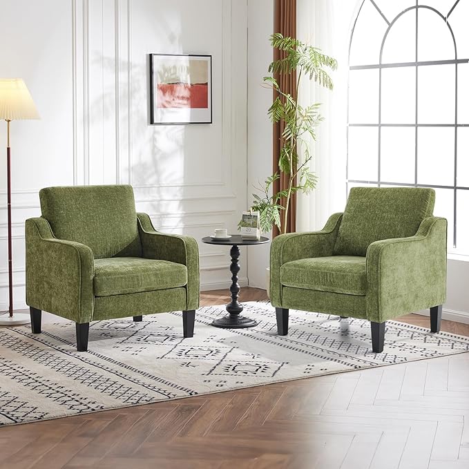 VINGLI Chair Olive Green Upholstered Chenille Accent Chair for Living Room Bedroom Mid-Century Modern Arm Chair Comfy Reading Chair with Scooped Arms