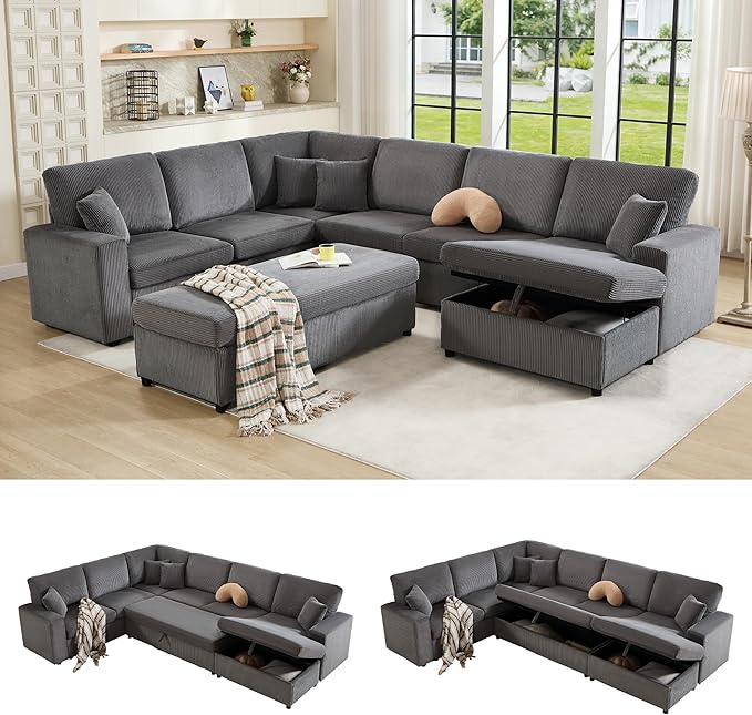 AMERLIFE 129 Inch Sectional Couches for Living RoomSectional Couch with Storage &amp OttomanModular Sectional Sofa Converts to SleeperCloud Couch Sectional for Large Space with CorduroyGrey