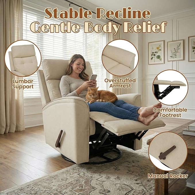Swivel Rocker Recliner High Back Manual Glider Recliner Rocking &amp 360° Swivel Glider Rocking Recliner Chair for Small Spaces Living Room Bedroom Apartment RV Beige
