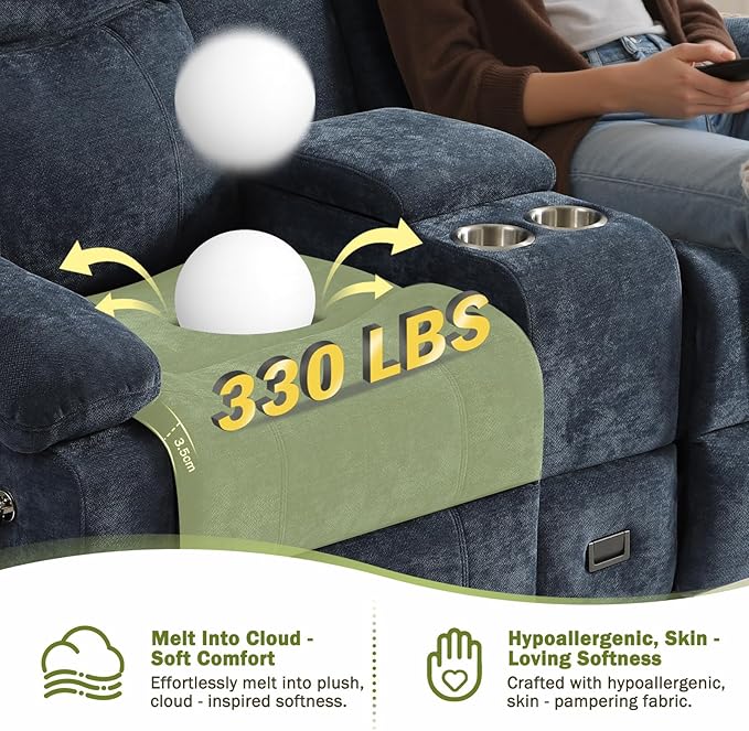 Manual Reclining Loveseat Sofa with 360°Adjustable Phone Holder Center Console Storage with Type-C Charging &amp USB Adjustable Headrest Cupholders Hidden Storage Drawer Living Room Home Theate