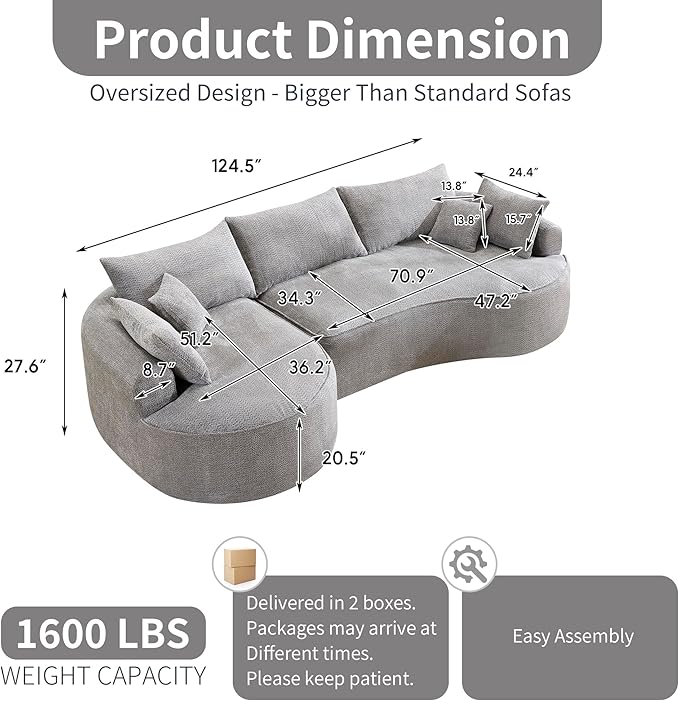 124.5 Oversized Curved Boneless Couches for Living Room Chenille Sectional Sofa with 7 Pillows L-Shape Boneless Couch with Deep Seat High-Density Memory Foam No Assembly Required (Grey)