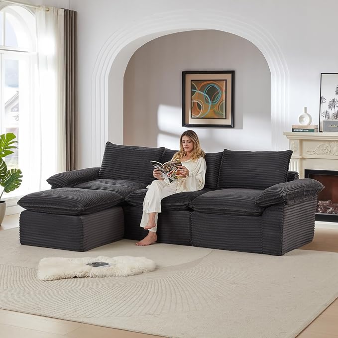 Modular Cloud Couch - Boneless L Shaped Sectional with Ottoman 3 Seater Corduroy Couch for Living Room Soft Plush in a Box (Gray L Shaped-3 Seater+1 Ottomans)
