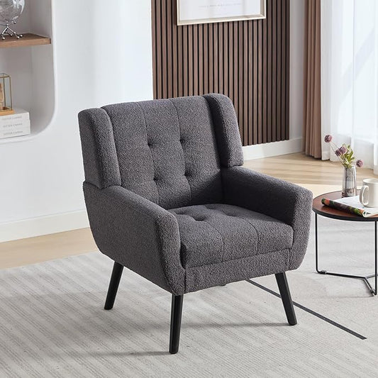 Modern Soft Teddy Material Ergonomics Accent Chair Living Room Chair Bedroom Chair Home Chair with Black Legs for Indoor Home Grey Teddy Fabric