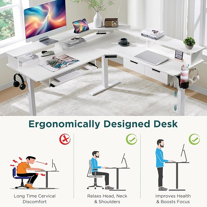 RedLemon Electric L Shaped Standing Desk 60 Motor Height Adjustable Sit Stand Corner Desk with Led Large Home Office Desk Computer Workstation Antique White