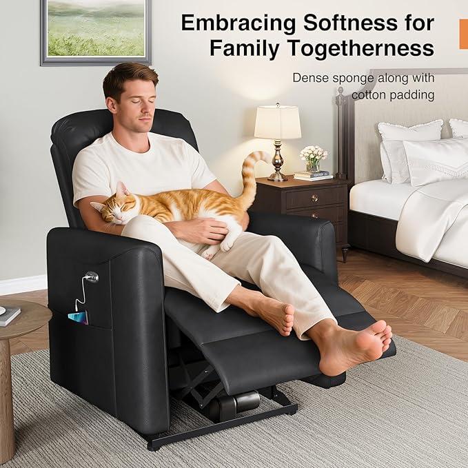 Power Recliner Chair Reclining Chair PU Leather Small Recliners for Small Spaces Infinite Position Electric Recliner Chairs for Adults Electric Recliners with USB Port &amp Side Pocket Black