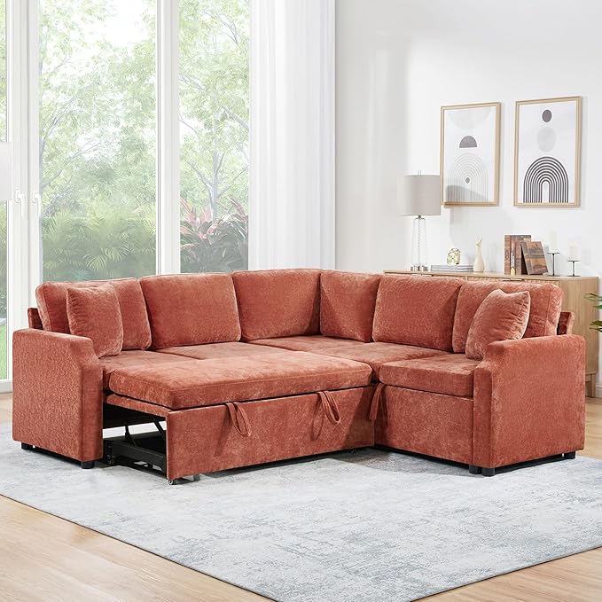 81.9 Sectional Sofa Bed L-Shaped Sectional with a Hidden Storage Compartment Versatile Pull-Out Sofa Bed with Cozy Throw Pillows for Living Room Apartments Offices (Orange-04e)