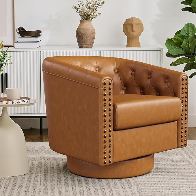 Swivel Barrel Accent ChairRound Nailhead Faux Leather Living Room Arm ChairsModern Upholstered Comfty Reading Nook Chairs for BedroomSmall Club ArmchairSingle Sofa Side ChairCaramel Brown