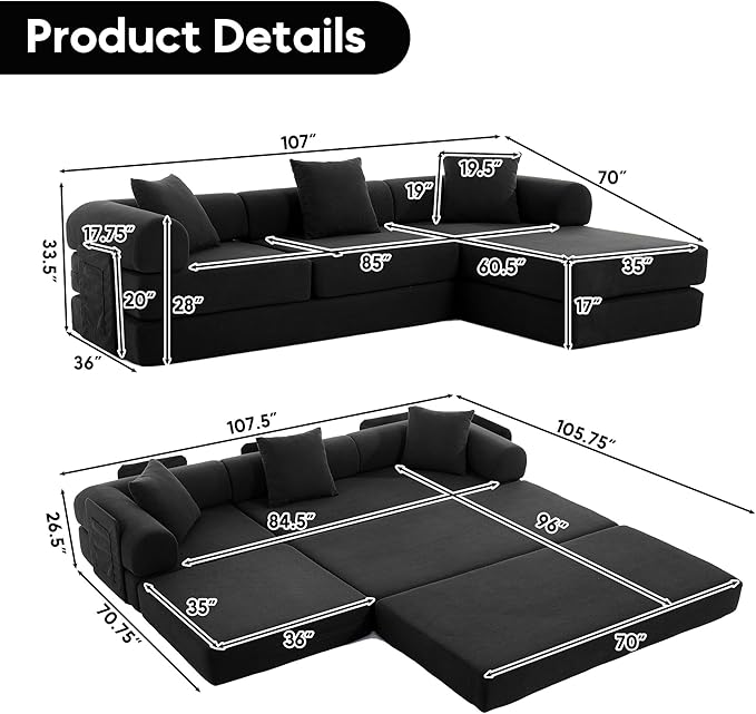 L Shaped Convertible Modular Sofa Bed with Cylindrical Pillow &amp Reversible Chaise Corduroy Folding Floor Sofa Couch Bed with Fixed-Shape Frame &amp Storage Pocket for Living Room Black