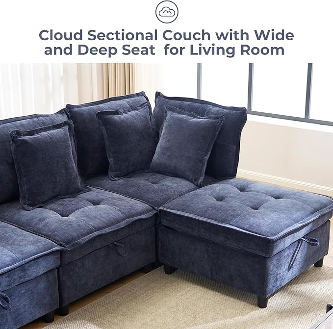 103 Modular Sectional Sofa L-Shaped Corduroy Comfy Sectional Couches for Living Room 3-Seater Cloud Couches with 1 Ottoman Modern Deep Seat Sofa with Large Storage Blue