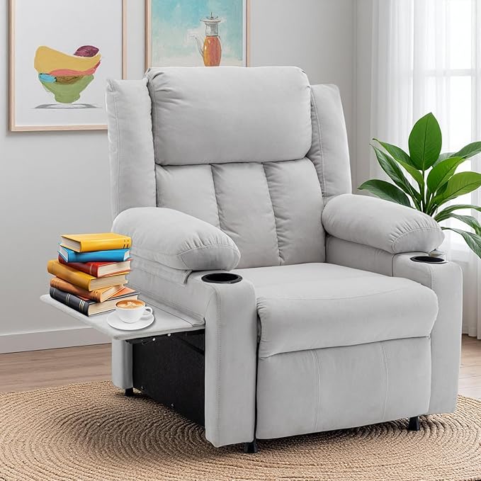 Power Recliner Chair Upholstered Recliner Heating Vibration Massage with Side Pockets Side Table &amp 2 Cup Holders for Living Room &amp Home Theater (Grey)