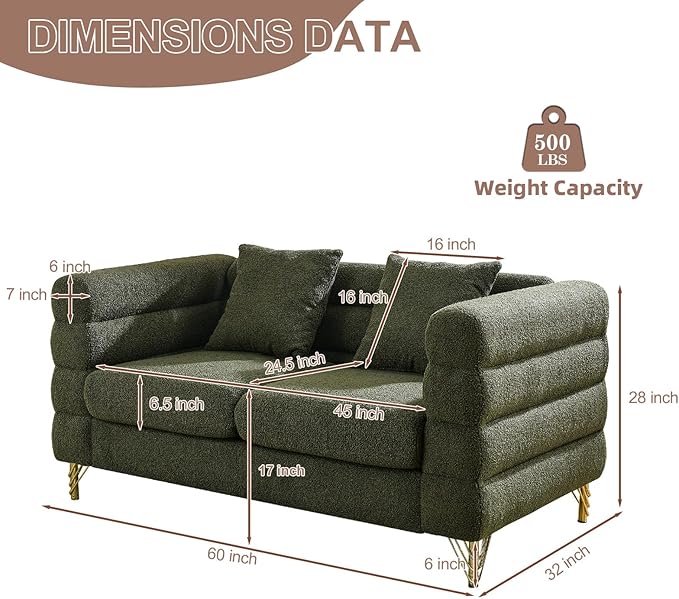 Loveseat Sofa Modern Couch 60 W Teddy Bouclé Comfy Cloud Sofa with Gold Legs &amp Pillows Upholstered Tufted Deep Seat Cozy Sherpa Couch for Living Room Bedroom Office Apartment(2 Seater Green