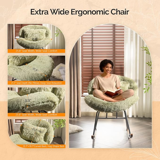 VINGLI 25.6 Extra Wide Nursery 115° Armless Rocking Chair Curved Cute Cross-Legged Glider Chair with Pillow &amp Solid Wood Nursing Chair for Bedroom Living Room Fluffy Fleece Grass Green