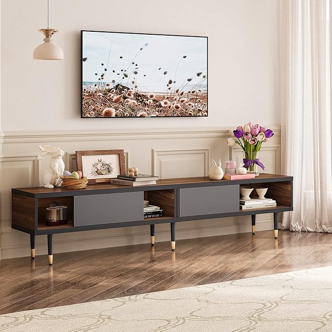 Bestier Mid Century Modern TV Stand for 85 inch tv Entertainment Center with Storage and Sliding Doors 2 in 1 Long TV Cabinet for Living Room Ancona Walnut
