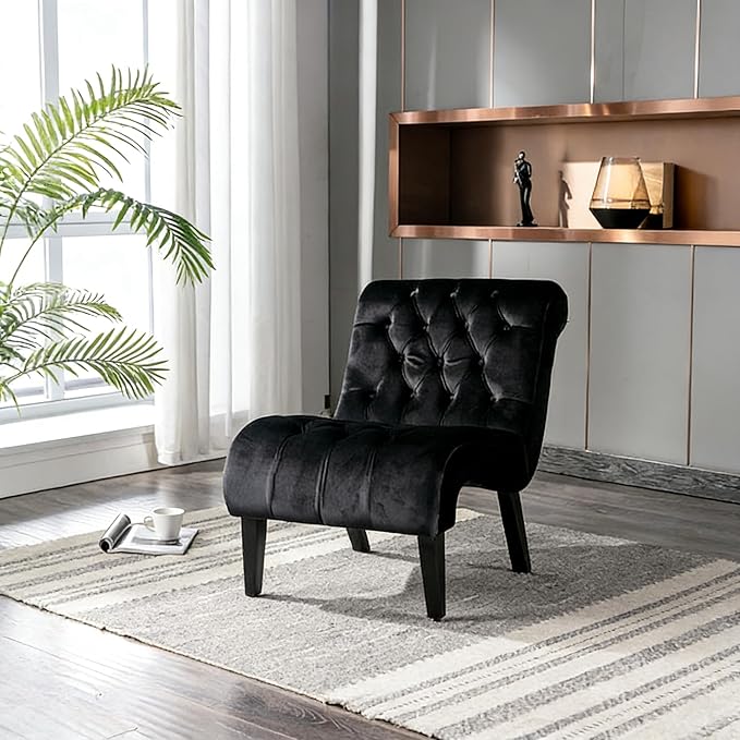 Accent Chair Living Room Reading Chairs Comfy Velvet Upholstered Mid Century Modern Accent Chair Tufted Back Armless Chair with Wooden Legs for Living Room Bedroom Office Black