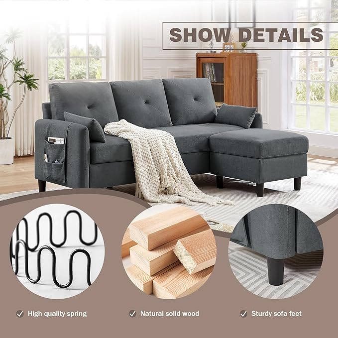 Small Sectional Sofa 3 Seat L-Shaped Couch Convertible Sectional Sofa with Reversible Chaise Modern Linen Fabric Sofa Couches for Living RoomSmall Apartment Dark Grey