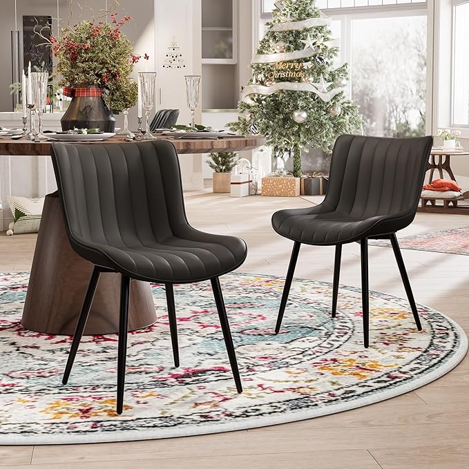 YOUNUOKE Black Dining Chairs Set of 2 Faux Leather Upholstered Kitchen &amp Dining Room Chairs with Back Mid Century Modern Minimalist Accent Chair Armless for Guest Reception Waiting Living Room