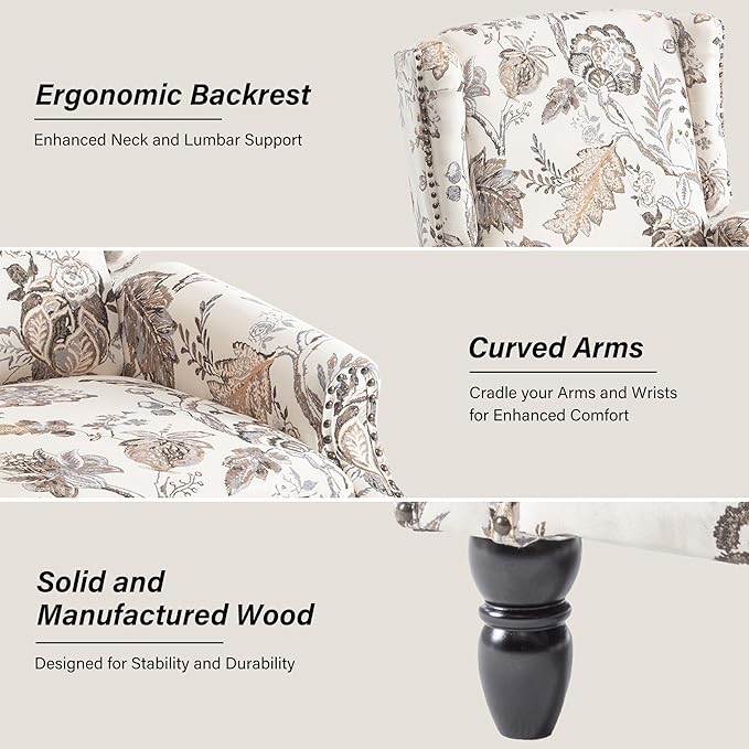 Recliner Chair Upholstered Wingback Floral Pushback Armchair with Adjustable Backrest &amp Footrest Comfy Accent Chair for Small Spaces Living Room Bedroom (Plants Beige Set of 1)