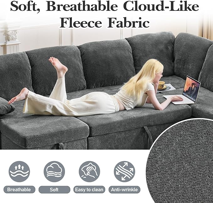 VINGLI Convertible Sofa Bed Couches for Living Room Sleeper Sofa with Pull Out Couch Bed Cloud-Like Plush Fleece U-Shape Sectional Couch with Storage Chaise USB Charging Side Pockets