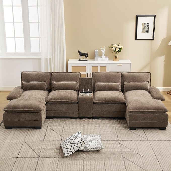 125'' U Shaped Cloud Modular Sofa with Chaise Lounges Chenille Upholstered Comfy Sectional Couch with Storage Console USB Charging Ports &amp Cup Holders Small Deep Seat Sofa for Living Room Brow