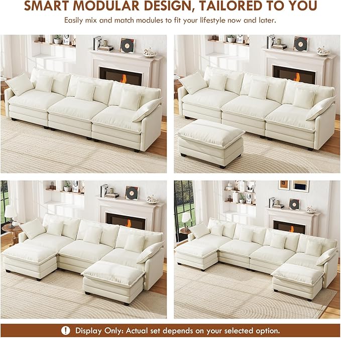 WorthFurni 111.4” Modular Sectional Sofa U Shape Cloud Couch with 2 Movable Ottoman Comfy Chenille Deep Seat Sofa with Soft Pillows for Apartment Living Room Bedroom（Beige）