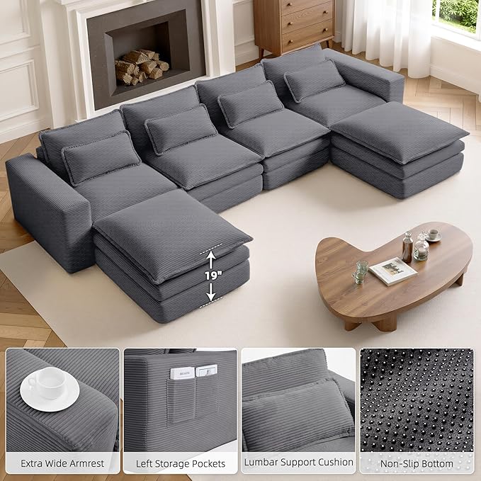140 Sectional Couches Boneless Modular Sofa for Living Room with 2 Ottoman | No Assembly Required DIY Sofa Bed U shaped Couch | Corduroy Deep Seat with Double Layer Cushion &amp Removable Cover | Gr