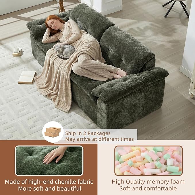 157 Cloud Sectional Couch Deep Seat Boneless Sofa for Living Room with U-Shaped Chaise Comfy Chenille Modular Sofa No Assembly Required (Emerald 79” Loveseat)