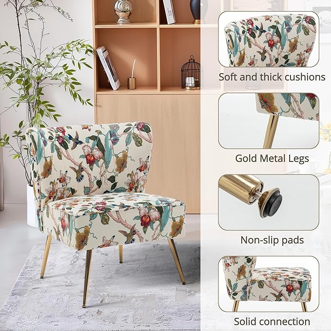 Armless Accent Chair with Gold Metal Legs Modern Comfy Tufted Living Room Chair Velvet Upholstered Floral Side Chair Mid Century Slipper Chair for Bedroom Flower Print Beige