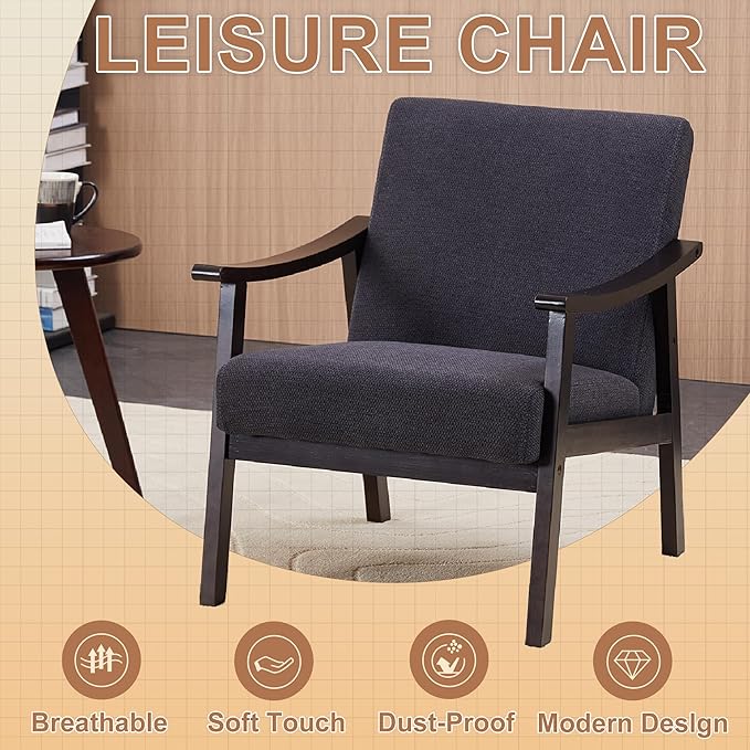 Mid-Century Accent Chair Upholstered Fabric Living Room Chair with Solid Wood Frame Modern Small Side Arm Chairs Comfy Wingback Reading Chair for Bedroom Office (Antique Black)