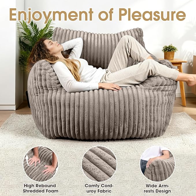 Giant Bean Bag Chair Oversized Plush Comfy Bean Bag Sofa for Adults and Kids with Armrests Memory Foam Mini Couch Single Lounges for Living Room Bedroom &amp Game Room(Taupe)