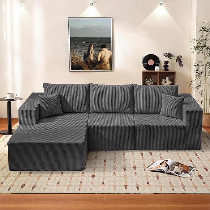 Modular Sectional Sofa for Living Room 108 Cloud Couch Sectional with L-Shape Chaise Modern Upholstered Corduroy Boneless Couch with Memory Foam Deep Seat No Assembly Required (Grey)