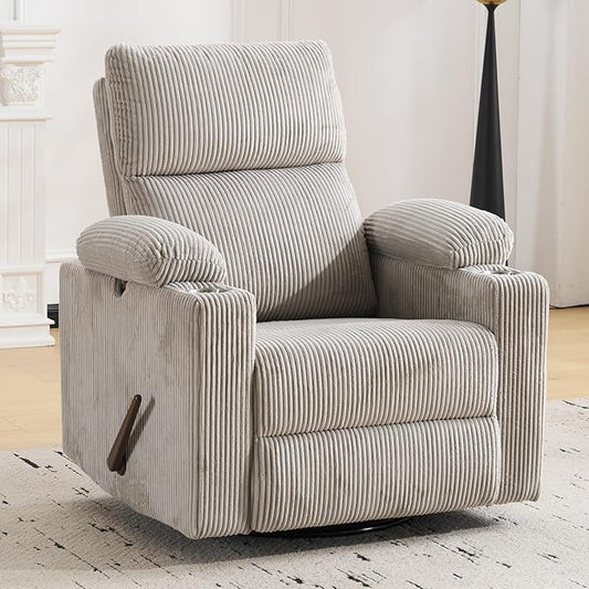 Swivel Rocker Recliner with Adjustable Armrests Rocking Nursery Chair with Adjustable Headrest Cup Holder Manual Recliner Nursing Chair for Breastfeeding Corduroy Grey
