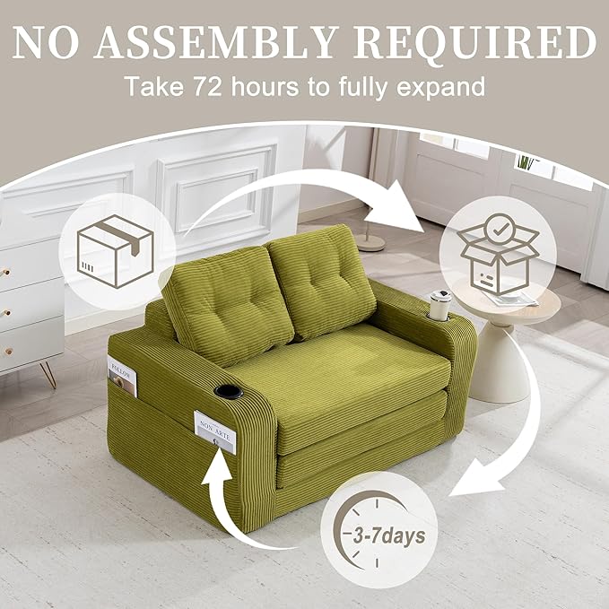 40 Folding Sofa Bed 2 in 1 Convertible Futon Sleeper Chair with Armrest &amp Backrest Comfy Chenille Cloud Floor Couch Single Sofa Chair Lounge for Living Room Bedroom (Z-Olive)