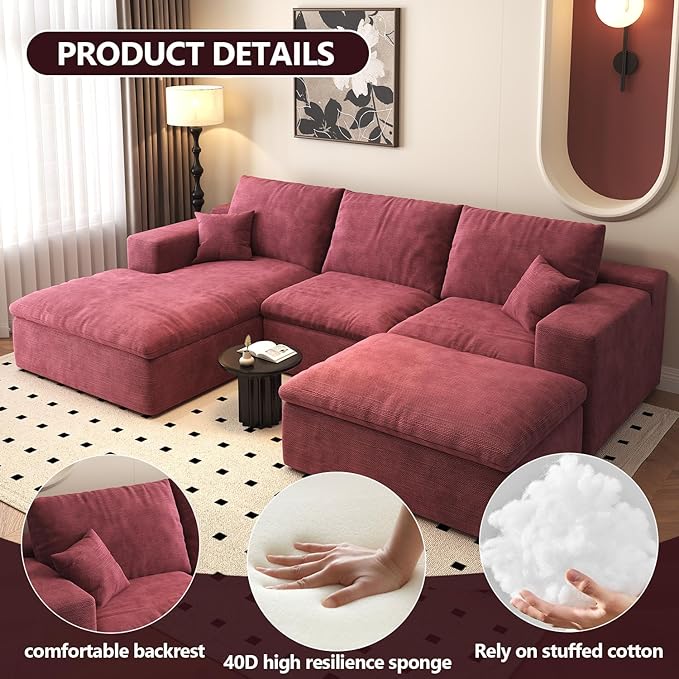 107'' U-Shaped Modern Modular Sectional Cloud Couch Whit Ottoman 4-Seat Chenille Deep-Seat Sofa with Pillow for Living Room Bedroom Apartment Wine Red