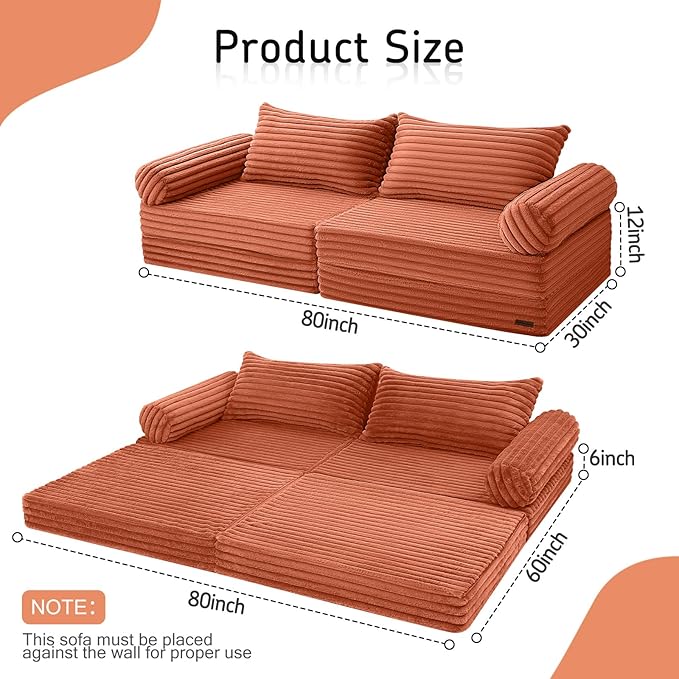 MeMoreCool Convertible Sofa Bed Folding Floor Couch Bed Queen Pull Out Sleeper Couch with Pillows Fold Out Futon Sofa for Bedroom Living Room Small Space Corduroy Orange