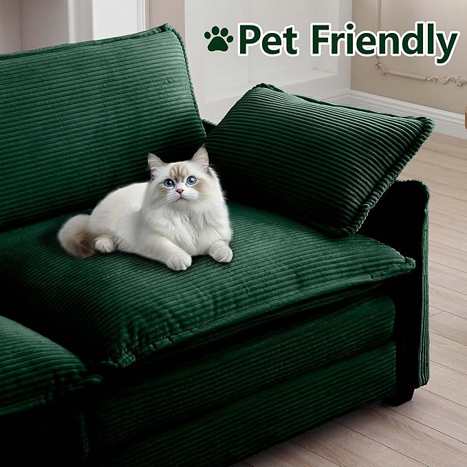 115 Oversize Modular Cloud Couch Sectional - Deep Seat U-Shaped Sofa 3 Seats with 2 OttomansPet-Friendly FabricGreen Corduroy