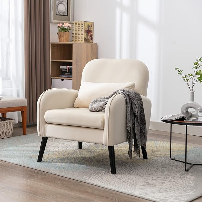 Mid Century Modern Accent ChairSingle Sofa Chair with Solid Wood Legs Comfy Fabric Upholstered Reading Armchair with A Soft Cushionfor Living Room BedroomApartmentOffice (Cream)