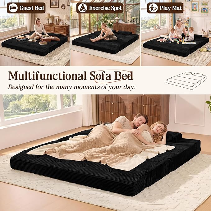 78.7IN Folding Sofa Bed - Convertible Sleeper Sofa Couch with Removable Pillows 3 Seater Couches Bed for Living Room Bedroom Apartment No Assembly Required Freestanding Corduroy Black