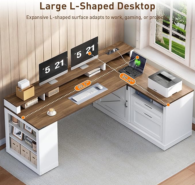 Farmhouse L Shaped Desk with Drawers 53 Inch Executive Desk with File Cabinet and Monitor Stand Wooden Corner Computer Desk with Power Strip for Home Office Work and Study White and Walnut