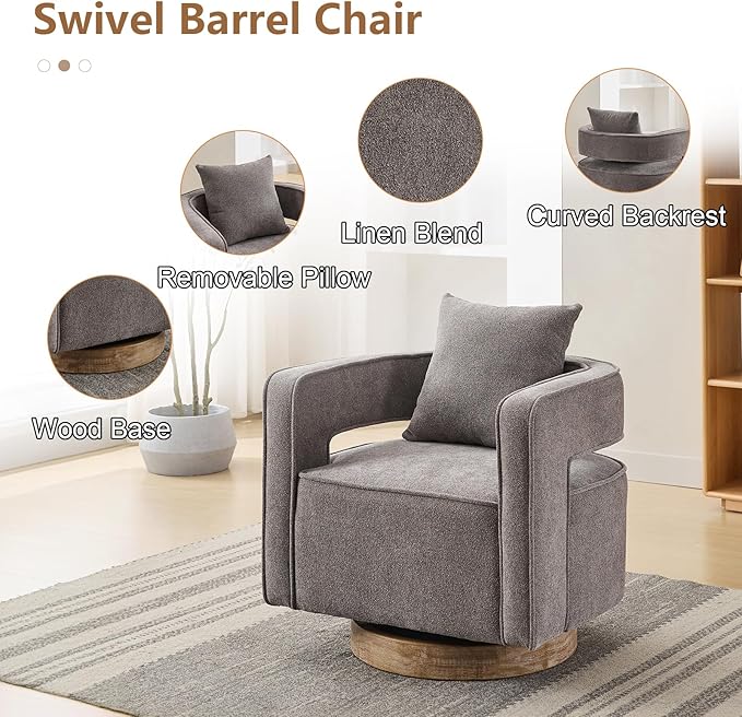Swivel Accent Chairs Set of 2 Upholstered 360° Round Barrel Arm Chair with Open Back &amp Wood Base Comfy Linen Blend Square Single Club Chair for Living Room Bedroom Office Hotel Reception (Charco