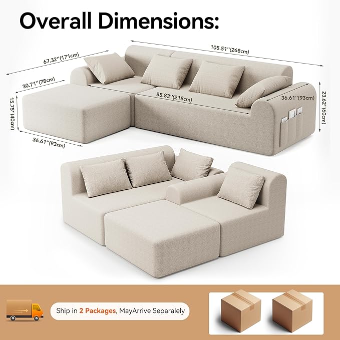 105.5 Cloud Boneless Sectional Sofa with Ottoman &amp 4 Pillows L-Shaped 4-Seater Modular Couch for Living Room Ultra Deep Seat Chenille Fabric Sofa No Assembly Required Beige