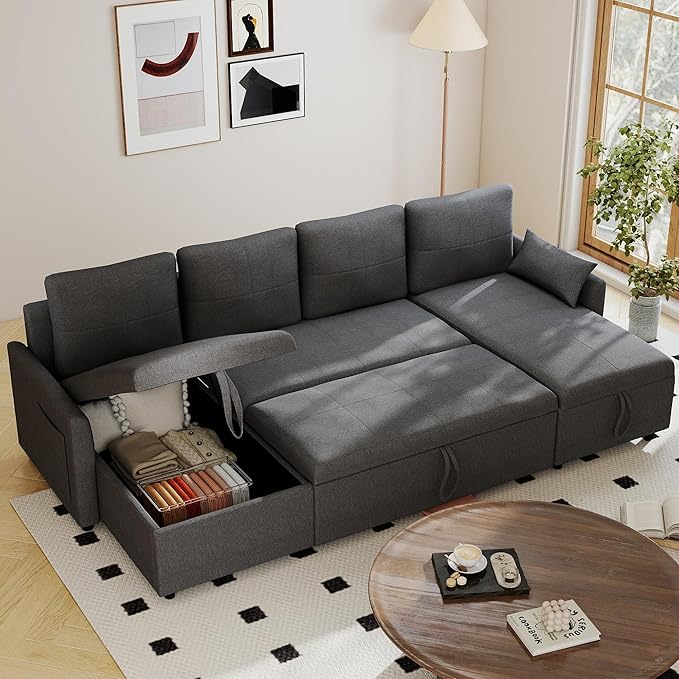 U Shaped Sleeper Sofa Bed: 106 Convertible Pullout Couch Bed with Storage Grey Sleeper Sectional Couches for Living Room Comfortable Modular Couch Beds with Chaise