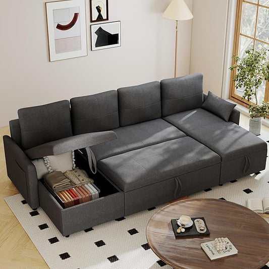 U Shaped Sleeper Sofa Bed: 106 Convertible Pullout Couch Bed with Storage Grey Sleeper Sectional Couches for Living Room Comfortable Modular Couch Beds with Chaise