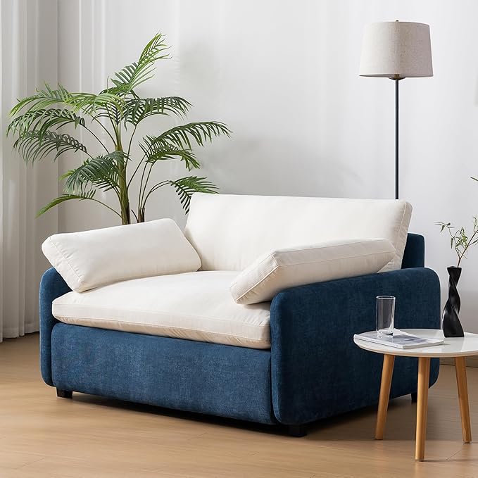 Merax Oversized Single Sofa Chair with Wide and Deep Seat Blue Chenille Accent Chair with Color Blocking Modern Upholstered Comfy Armchair with Pillows for Living Room Apartment and Bedroom